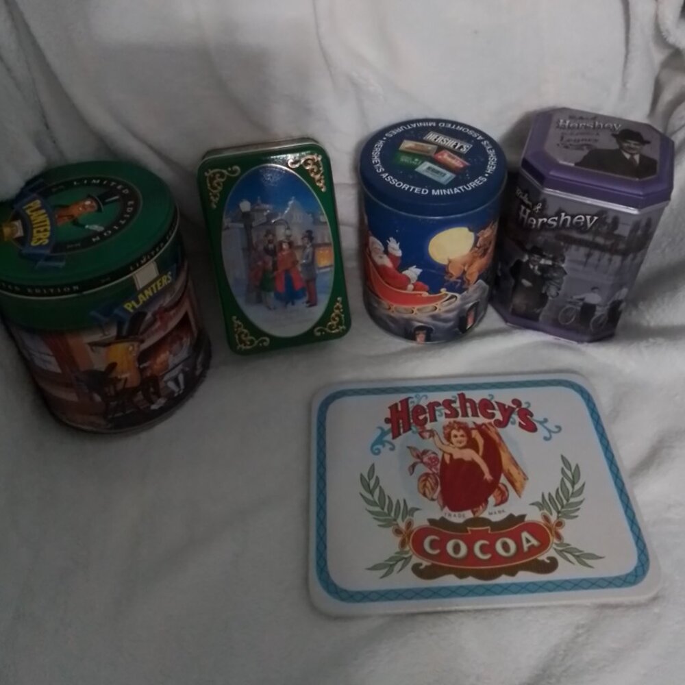 Vintage collectible tin cans and plaque--Planters and Hershey